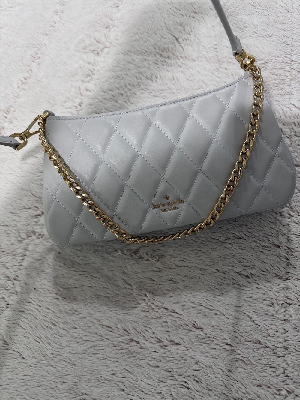 kate spade Quilted Shoulder Bag in Light Gray with Gold Chain